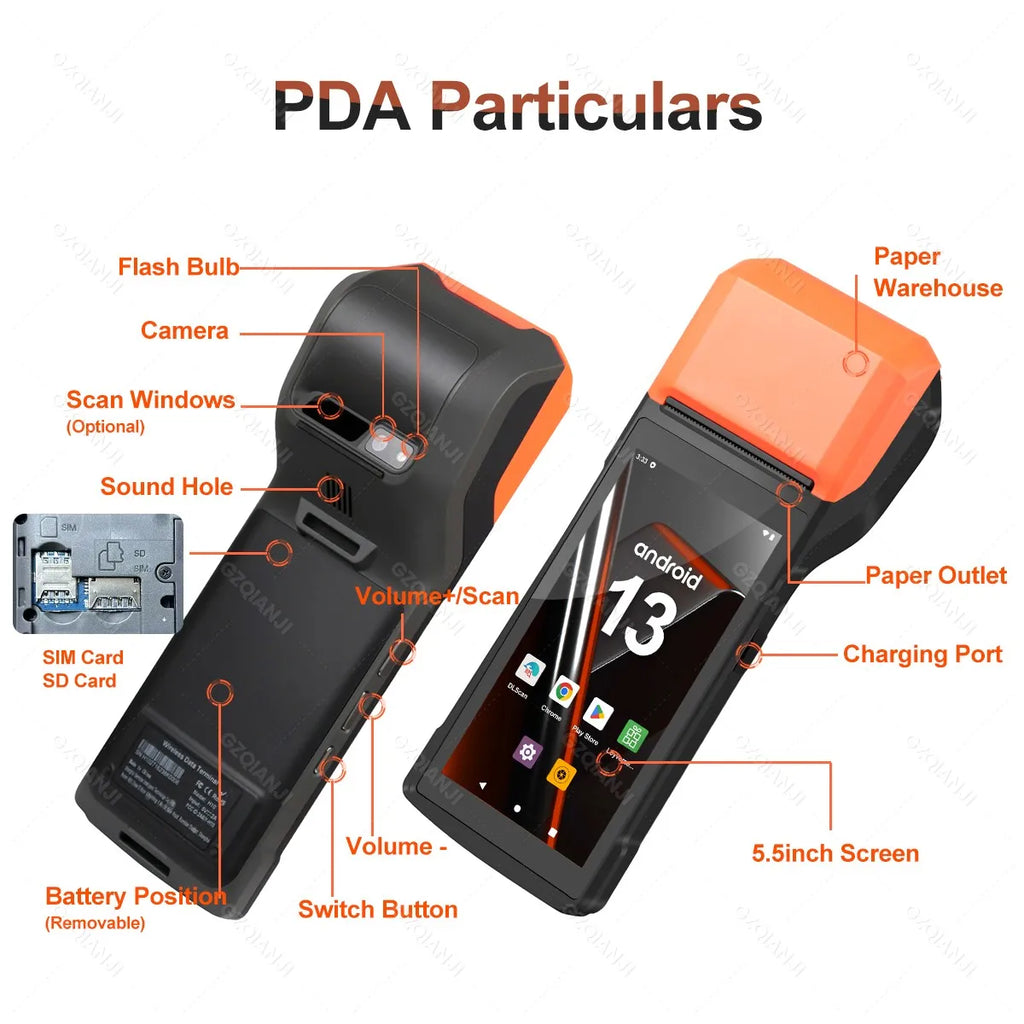 Android 14/13/11 3G 4G Handheld POS Terminal With 58mm Thermal Printer 1D 2D Scanner NFC Reader RAM3GB ROM32GB Mobile Device