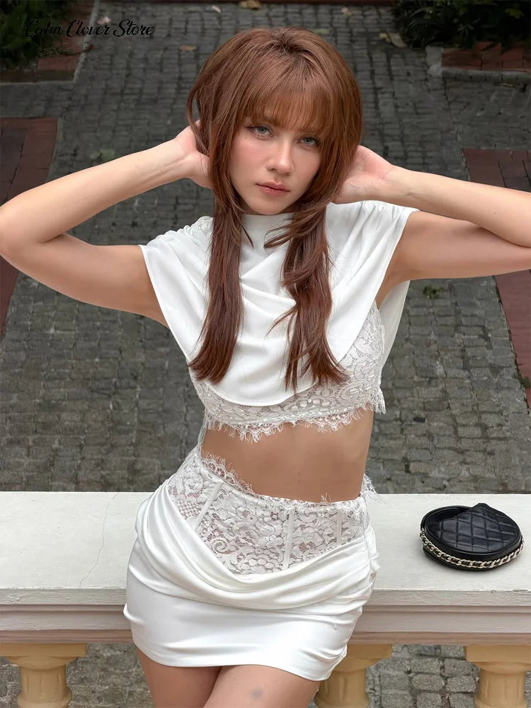 Solid Satin Lace Spliced Co-ords Lady Chic Draped Cowl Neck Ruched Cropped Top With Bodycon Mini Skirt New Party Banquet Wear