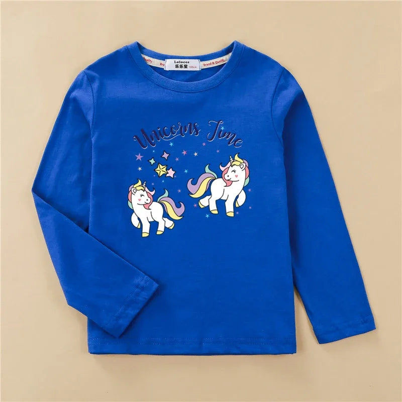 Aimi Lakana Baby Pony Cartoon Clothing Children Spring Fall T-Shirt Kids Long Sleeved O-Neck Tops Girl Unicorn Tees 3-14T