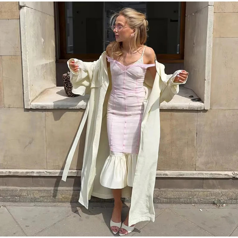 Sexy Sheer Mesh Overlay Midi Dress Women Sleeveless Waist Cinched Lace-trim Bodycon Sling Dress 2026 Lady Trendy Party Robe