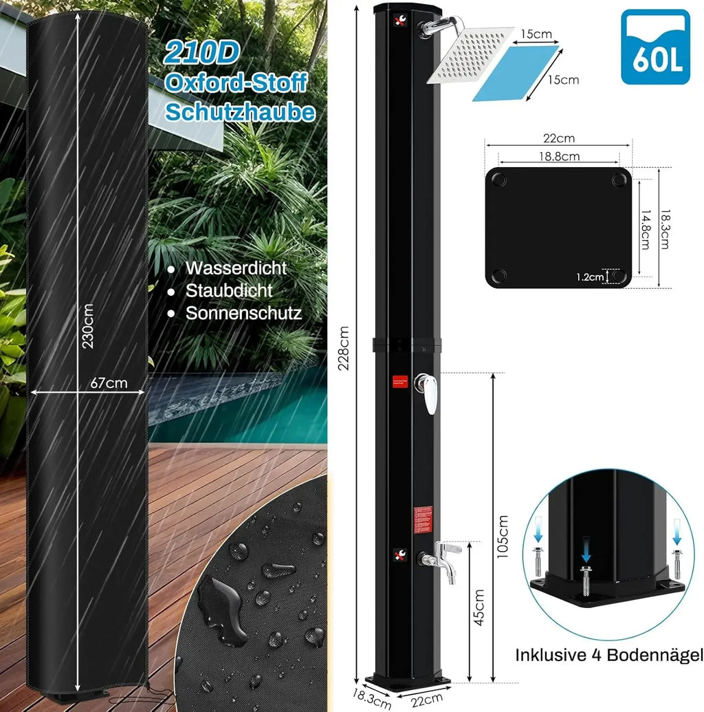 60L Freestanding Outdoor Solar Heated Shower,Outdoor Pool Showers for Outside,High 228cm Solar Shower Column 360° Swivel Shower