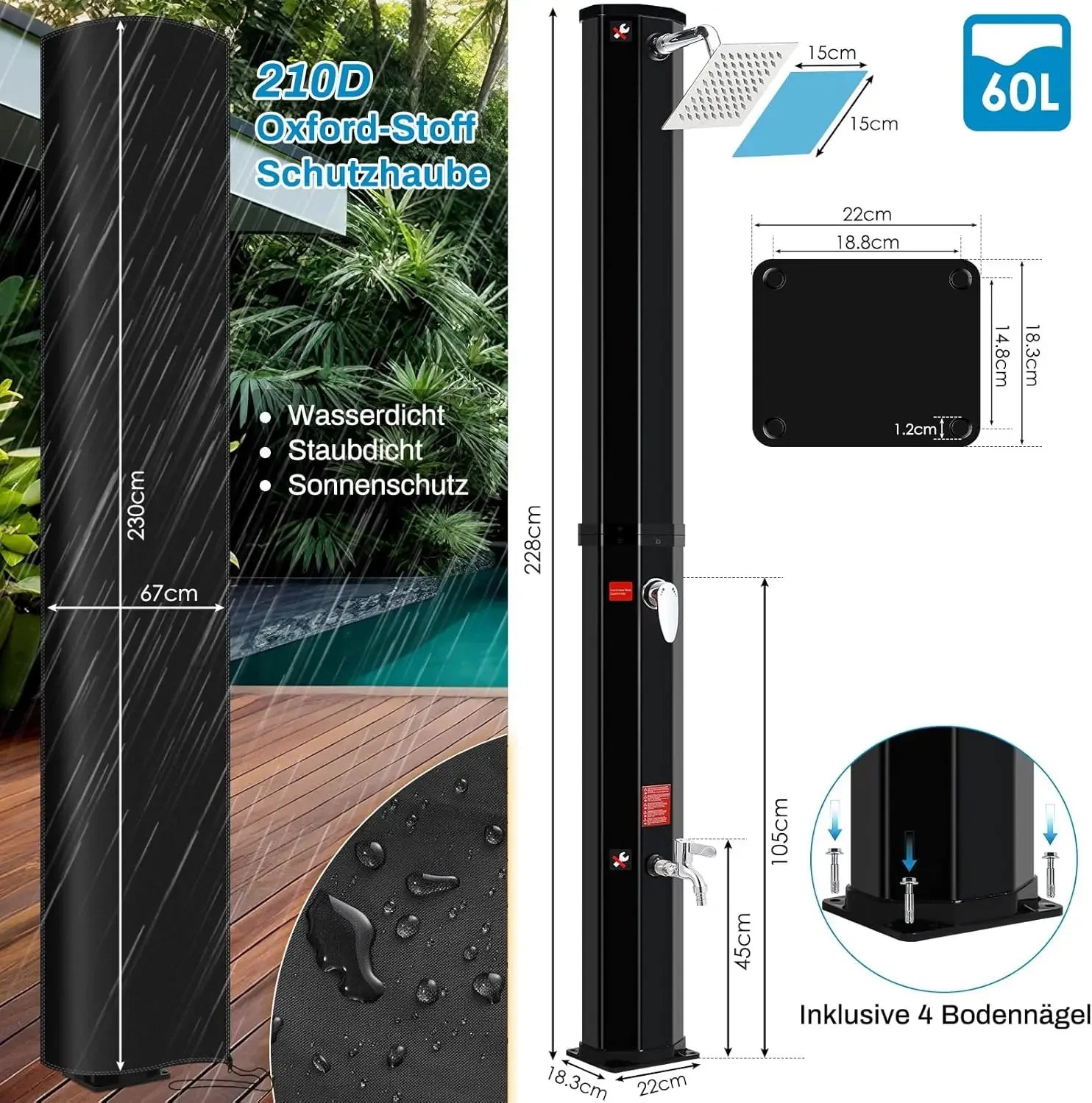 60L Freestanding Outdoor Solar Heated Shower,Outdoor Pool Showers for Outside,High 228cm Solar Shower Column 360° Swivel Shower
