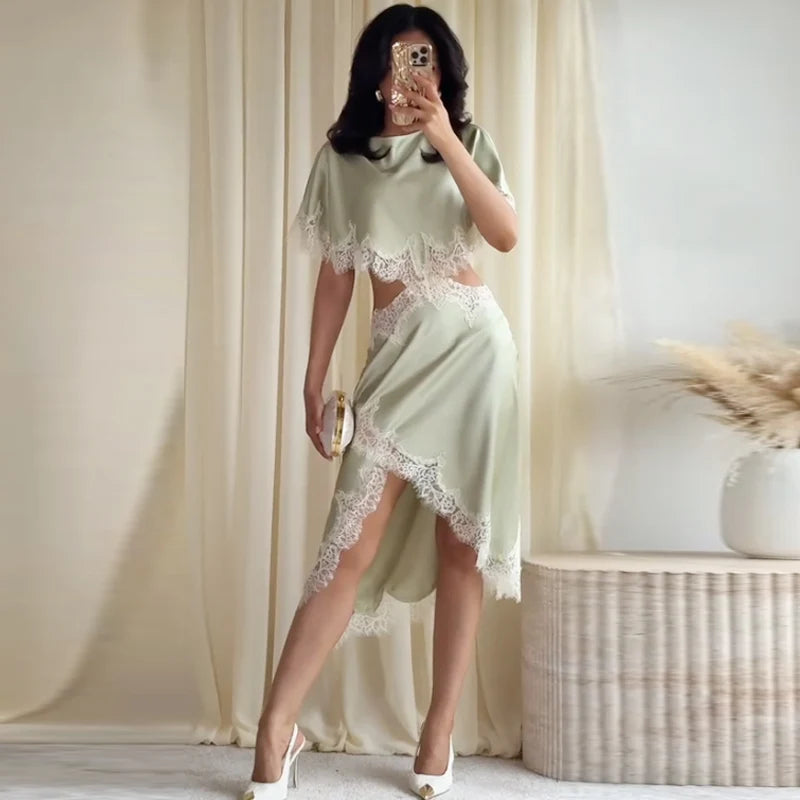 HXAO Asymmetric Satin Lace Dress Women's Dress Summer 2026 Sexy Midi O-Neck Batwing Short Sleeve Cut Out Vestidos Party Dresses