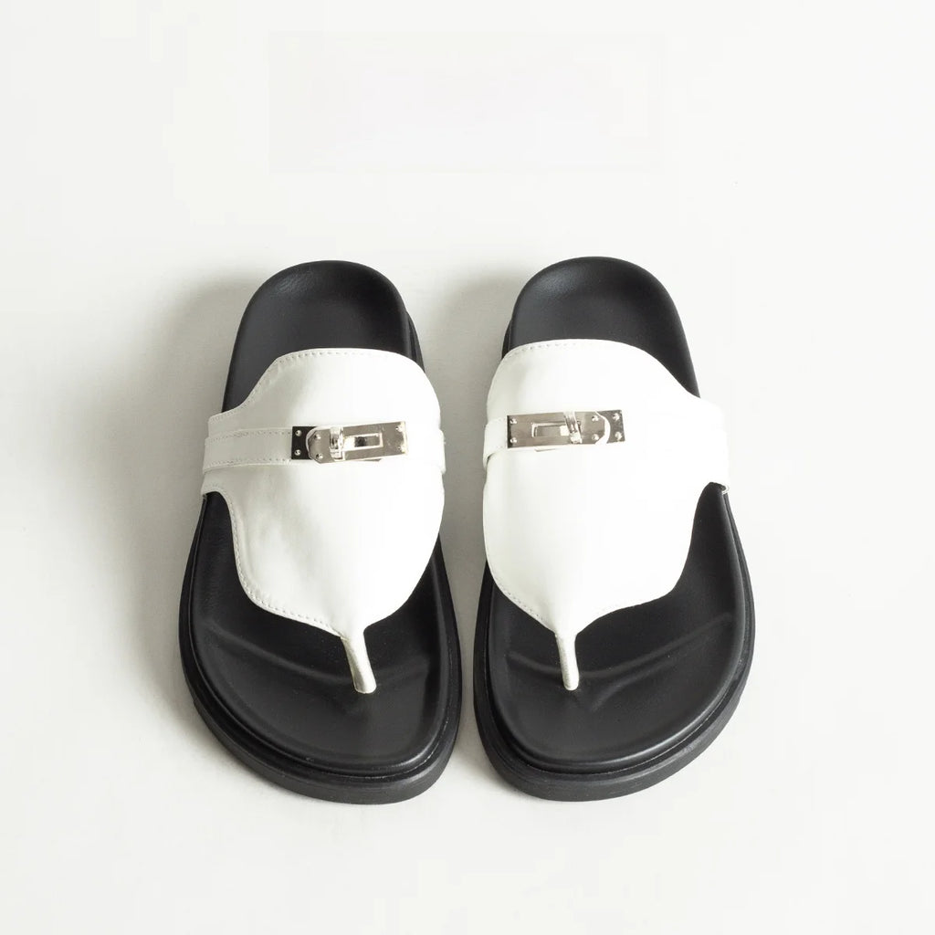 British Style Thick Bottom Slip-On Sandals Women Summer Foot-Strap Leather Half Slippers Beach Flat Heel Casual Shoes
