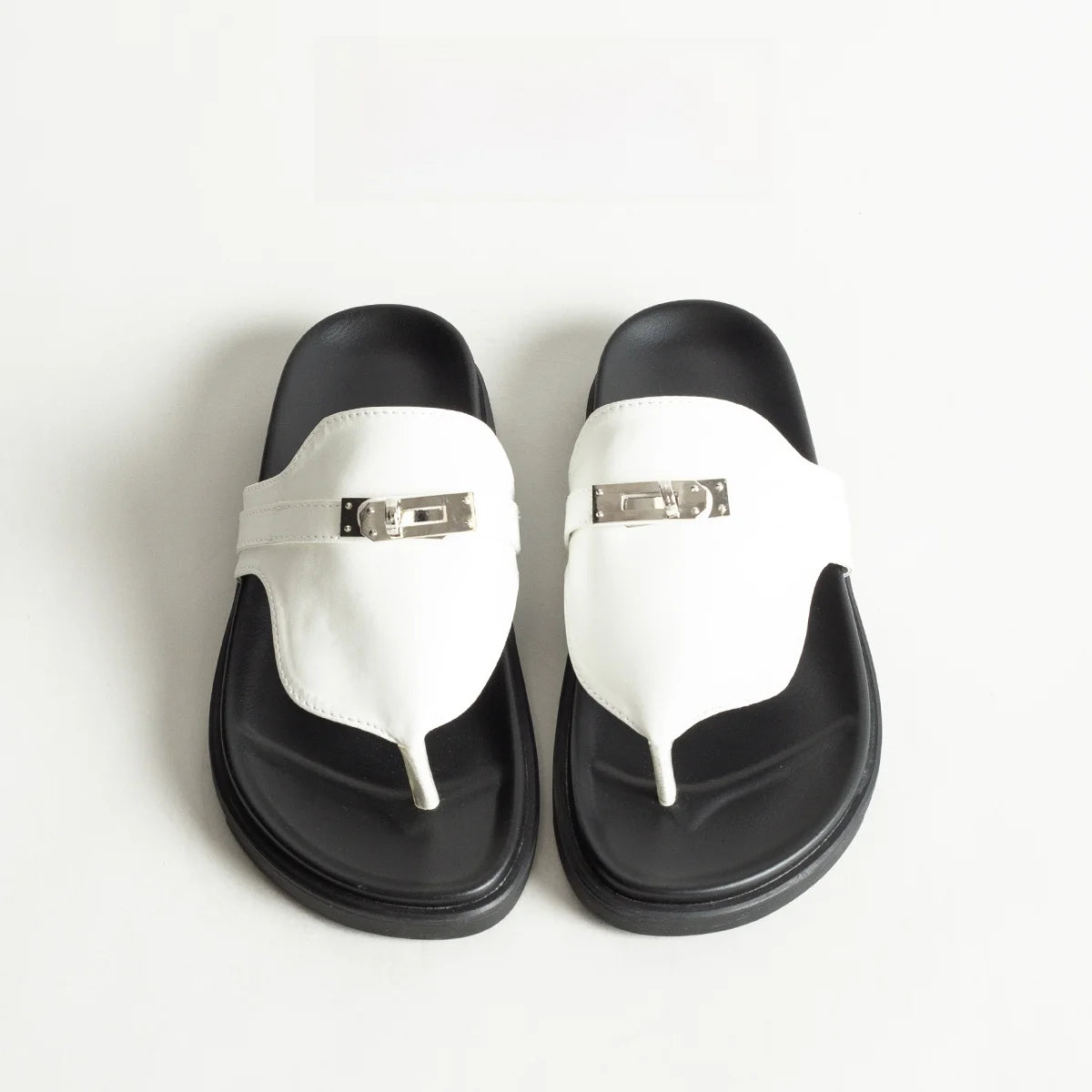 British Style Thick Bottom Slip-On Sandals Women Summer Foot-Strap Leather Half Slippers Beach Flat Heel Casual Shoes