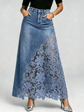 Women Denim Maxi Skirt High Waist Washed Lace Splicing Casual Streetwear Floral Hollow Pocket Summer 2026 New