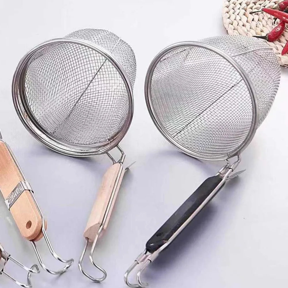 Durable Stainless Steel Noodle Funnel Wooden Handle Pasta Basket Strainer Multifunctional Fine Mesh Sieve Spoon Kitchen Gadgets
