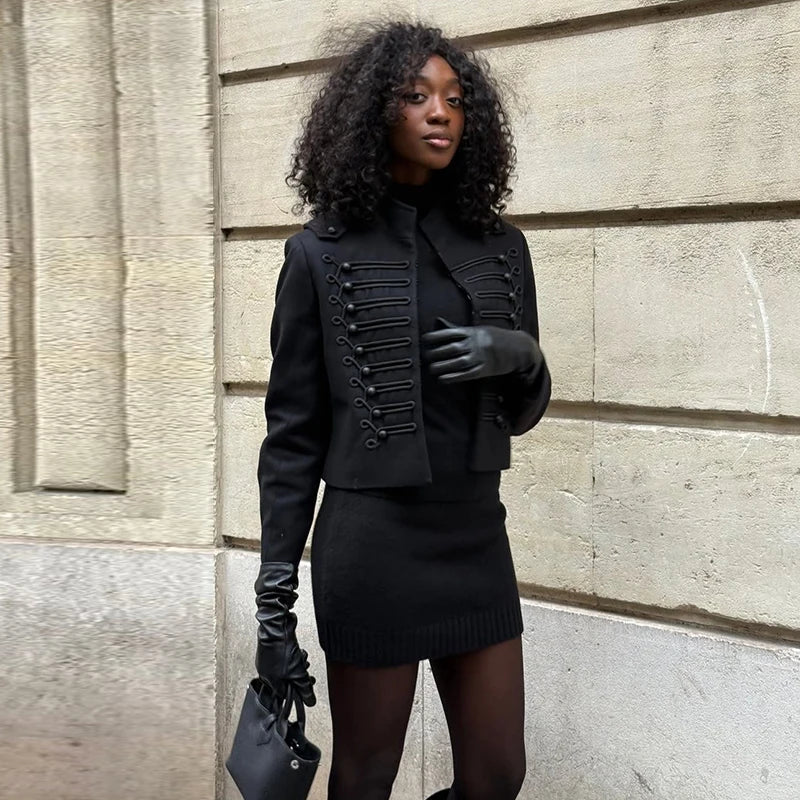 Fashion Black Court Style Cropped Jacket For Women Elegant O-neck Long Sleeve Double Breasted Coat Lady 2026 Spring Chic Outwear
