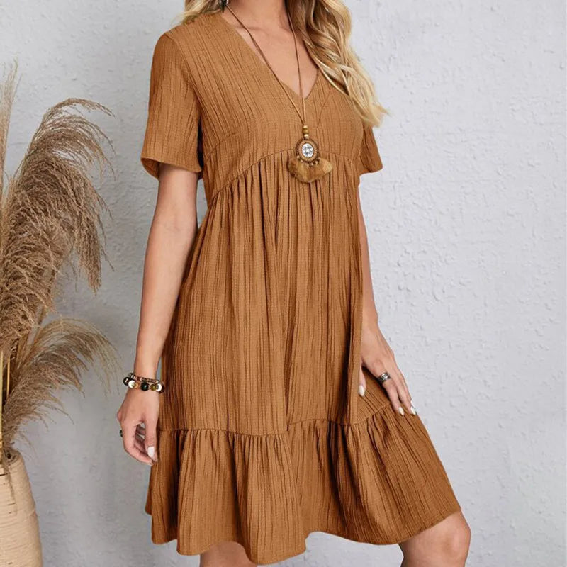 2023 Faion Women's Casual Dr Skirt Lady's Clothing Polyester Fiber A-Line Skirt ort Sve V-Ne Loose Waist Summer D...