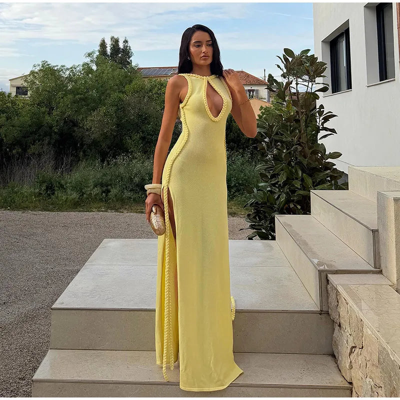 Women Solid Braided Trim Cutout Maxi Dress Sleeveless High Slit Bodycon Fit Gown 2026 Summer Elegant Evening Formal Party Outfit