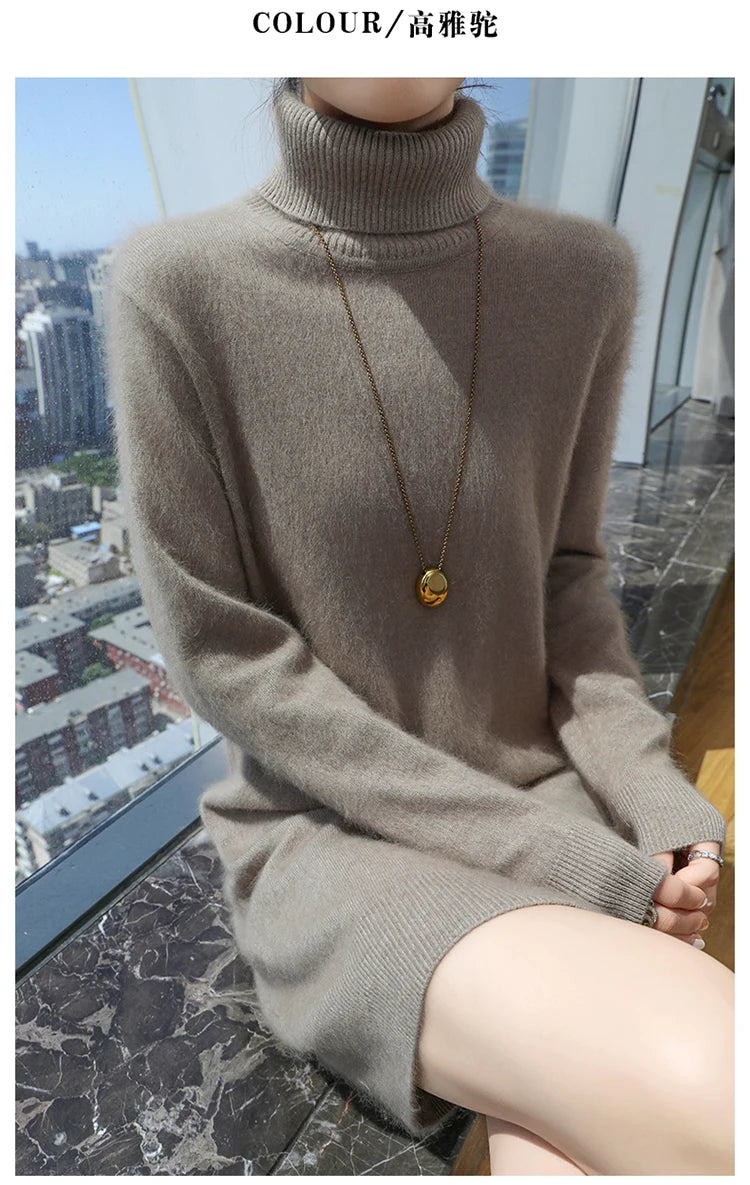 New Hot Selling 100% Mink Cashmere Knitted Women's High Neck Pullover Dress Sweater Slim Fit Solid Color Long Women's Dress