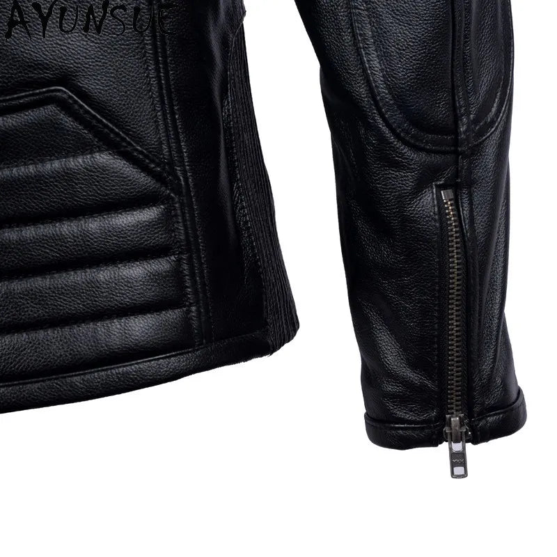 AYUNSUE Pure Cowhide Men Leather Jacket Fashion Stand Collar Short 100% Genuine Cow Leather Real Jacket Slim-fit Motorcycle Wear