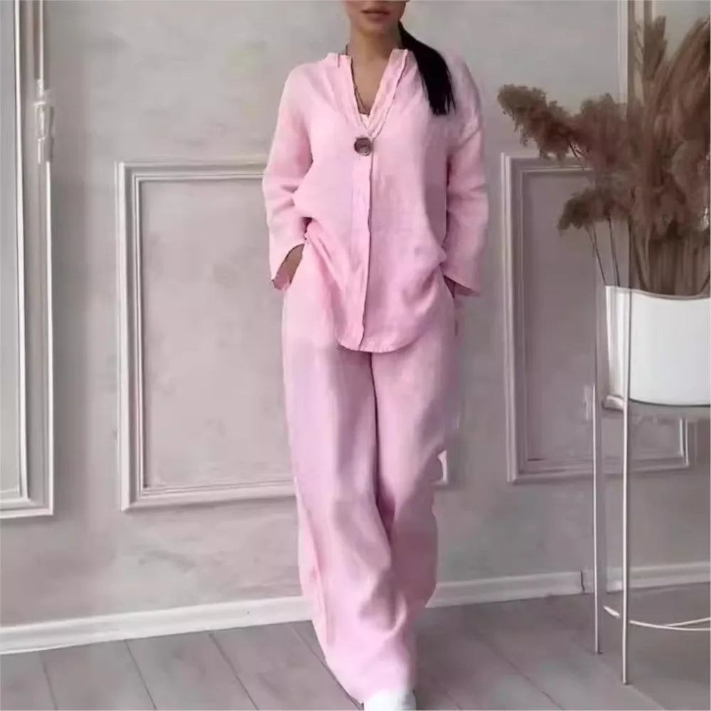 Fashion O Neck Long Sleeve Cotton Linen Shirt Suit Women Spring Autumn Casual Solid Color Pocket Pants Female Office 2 Piece Set
