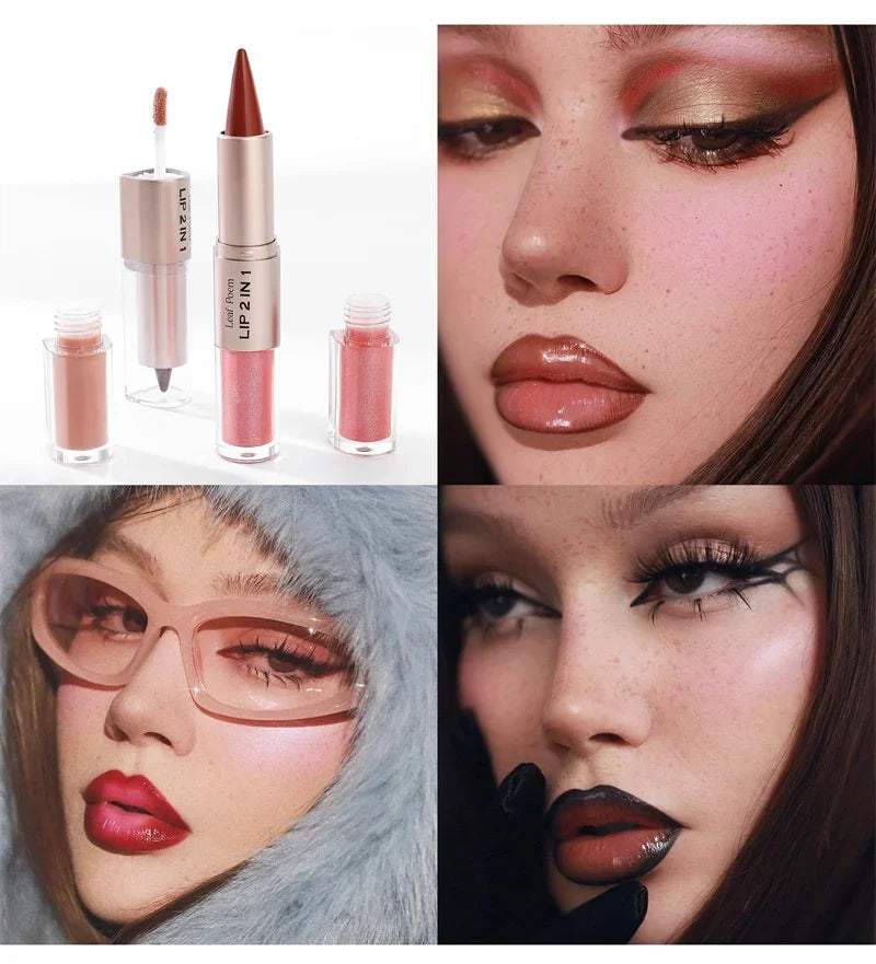 2IN1 Tapered Gradient Lipliner Pen Nude Brown Mirror Glass Lip Gloss Matte Lip Liner Waterproof Lip Contour Non Stick Makeup