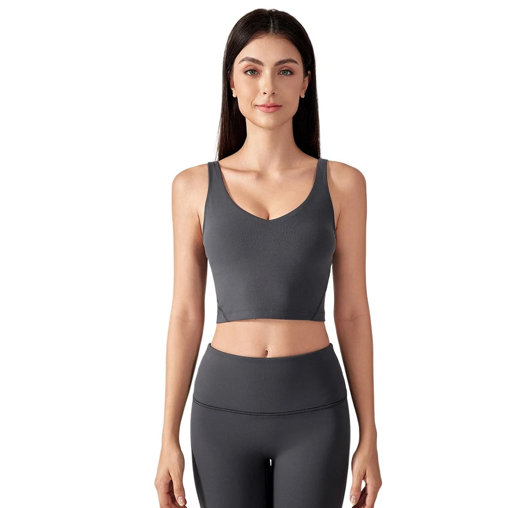 SHINBENE Women's V-neck Slimming Fitness Long-sleeve Padded Short-sleeve Sports Bra Yoga Bra Classic Athletic Tank Top
