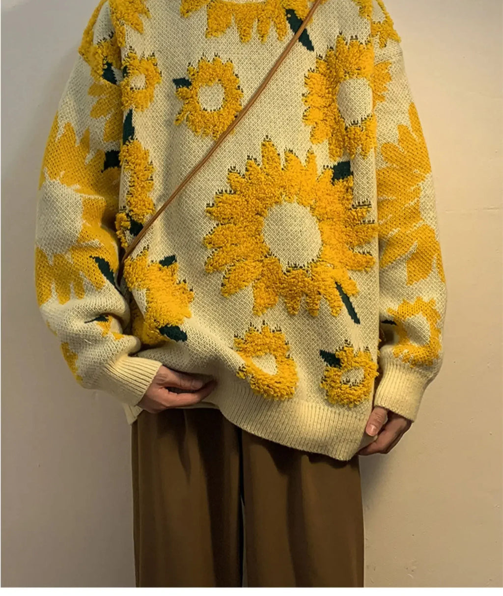 Flocking Floral Sweaters Men Baggy Spring Autumn Japanese Style Retro   High Street Harajuku Knitwear Slouchy Ins