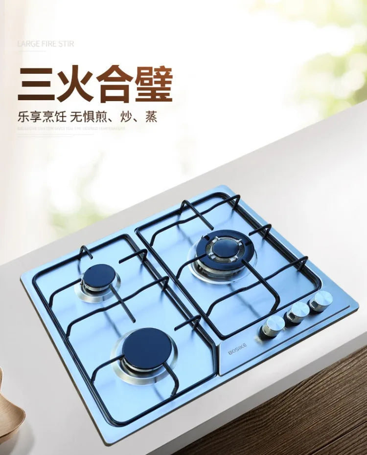 Boske 3 Burner Gas Stove Stainless Steel Panel High Power for Home Use Natural Gas LPG CEL