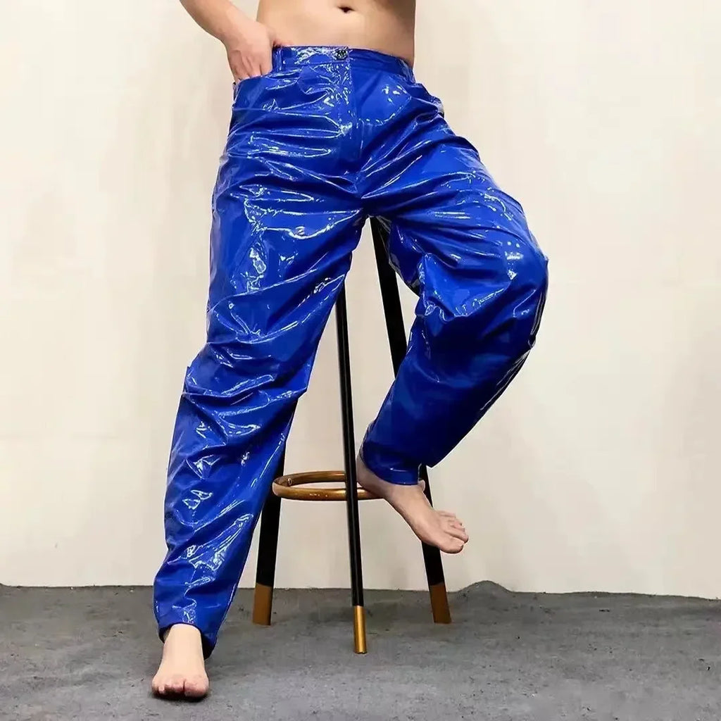 Men Mid Waist Shiny Faux Latex Leather Loose Hiphop Pants With Pocket Male Solid Color Stretch PVC Trousers Clubwear New Custom