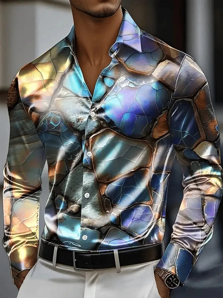 Men's Shirt 3D Vintage Chain Print Polyester Fabric Outdoor Street Long Sleeve Button Clothing Fashion Street Style Design