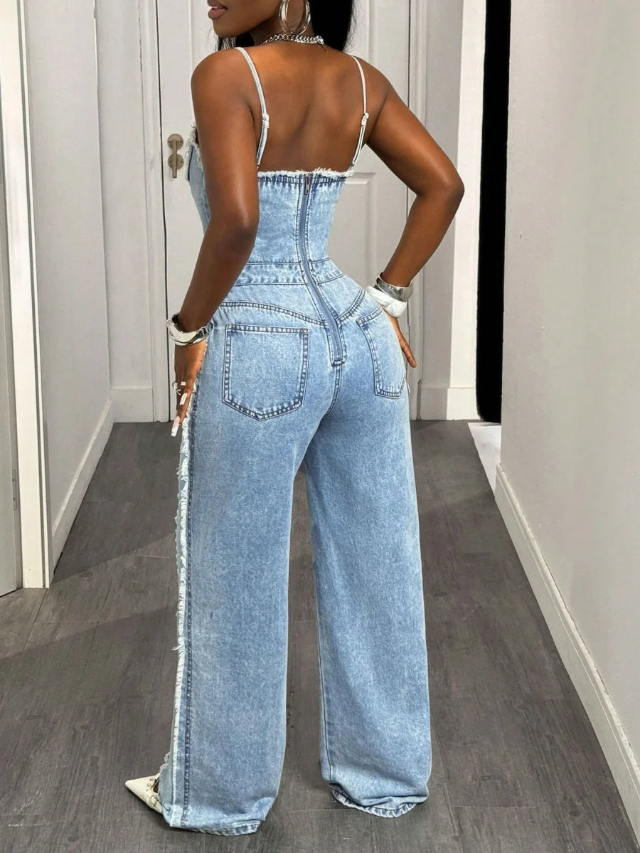 Benuynffy Sexy Spaghetti Strap Denim Jumpsuit Women Streetwear High Waist Backless Zipper Ripped Straight Leg Jeans Jumpsuits