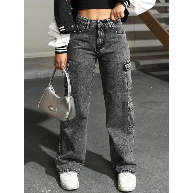 Womens Jeans Y2k Jeans High Waist Stretch Cargo Pants Multiple Pockets Casual Trousers For Ladies Fashion Retro Style