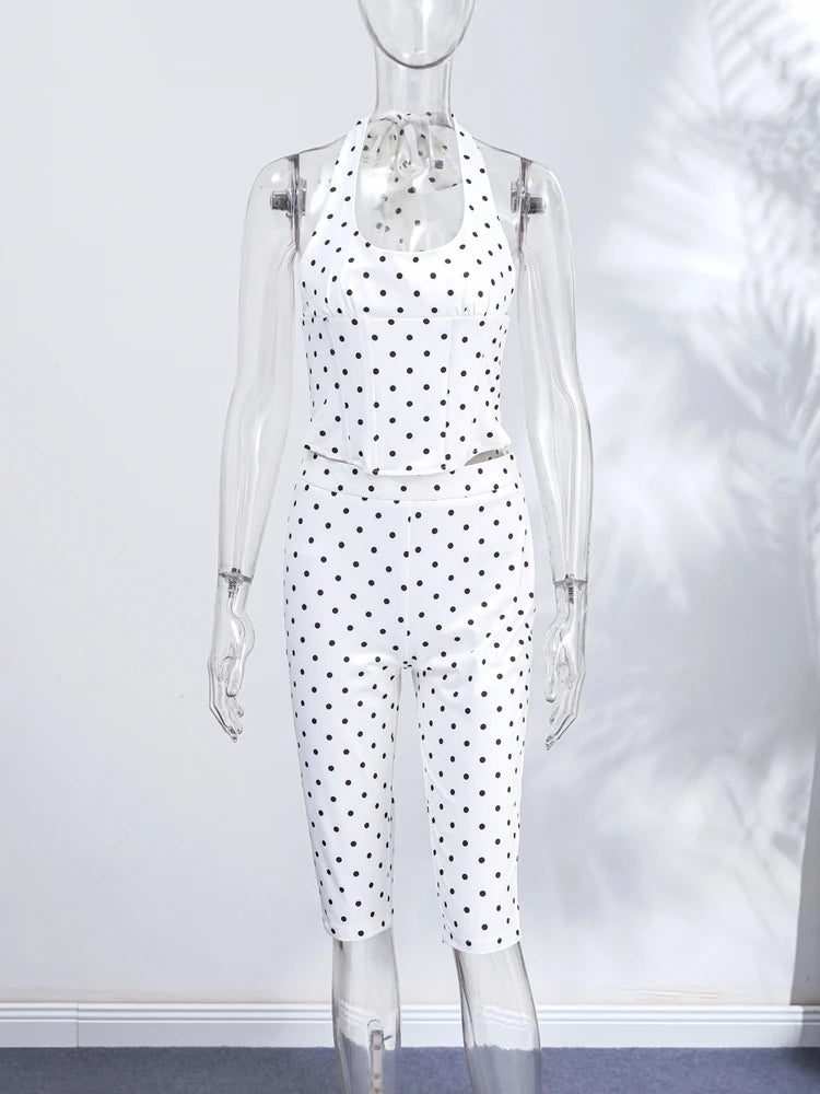 Sexy Polka Dot Two Pieces Pants Set Women Halter Sleeveless Lace Up Corset Top Cropped Pants 2026 Summer New Lady Y2K Outfit