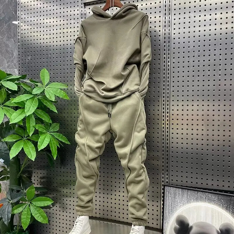 Men's autumn and winter solid color sports and leisure set, long sleeved hoodie, leg binding, youth 2pcs set