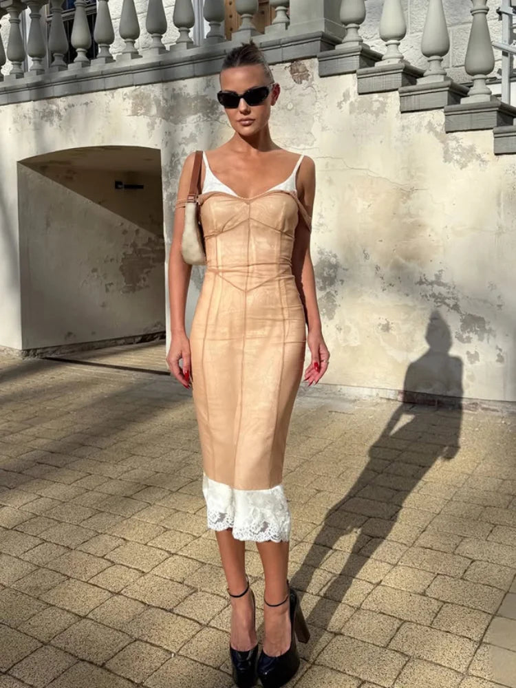 Sexy Sheer Mesh Overlay Midi Dress Women Sleeveless Waist Cinched Lace-trim Bodycon Sling Dress 2026 Lady Trendy Party Robe