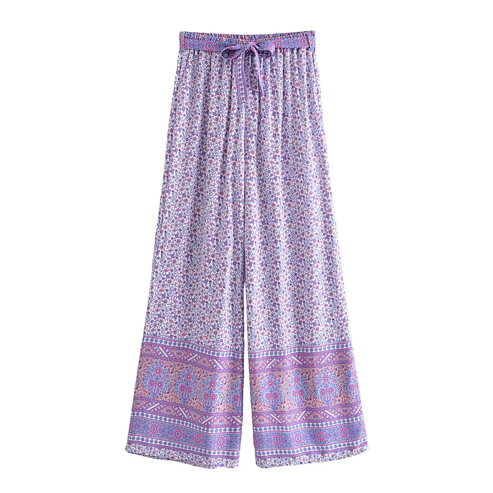 Vintage Chic  Women Floral Print Outfits Strap Sleeveless Tops Bohemian Suits Drawstring Pants 2 Pieces Rayon Cotton Boho Sets