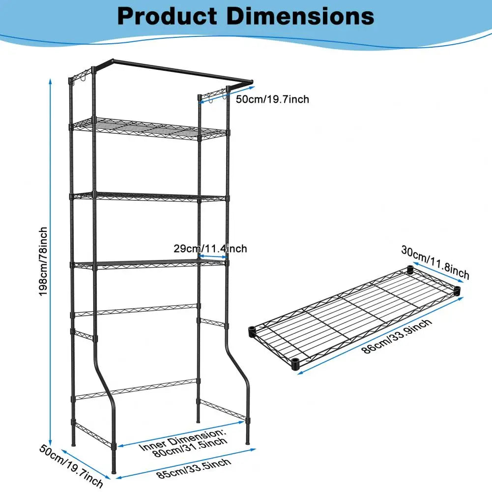 Washing Machine Shelf 3 Tiers Storage Rack Adjustable Height Metal Freestanding Clothes Drying Rack with Hanger Rod & Hooks