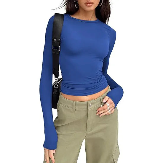 1pcs Four Seasons Fashion Senior Women T-shirt Long Sleeve Crew Neck Solid Slim Fit Tee Ladies Crop Top  Daily Streetwear Camis