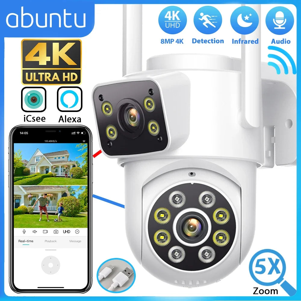 ABUNTU 8MP 4K PTZ Wifi Camera ICSEE APP Dual Lens Dual Screens Home Surveillance Camera Night Vision 4MP CCTV IP Security Camera