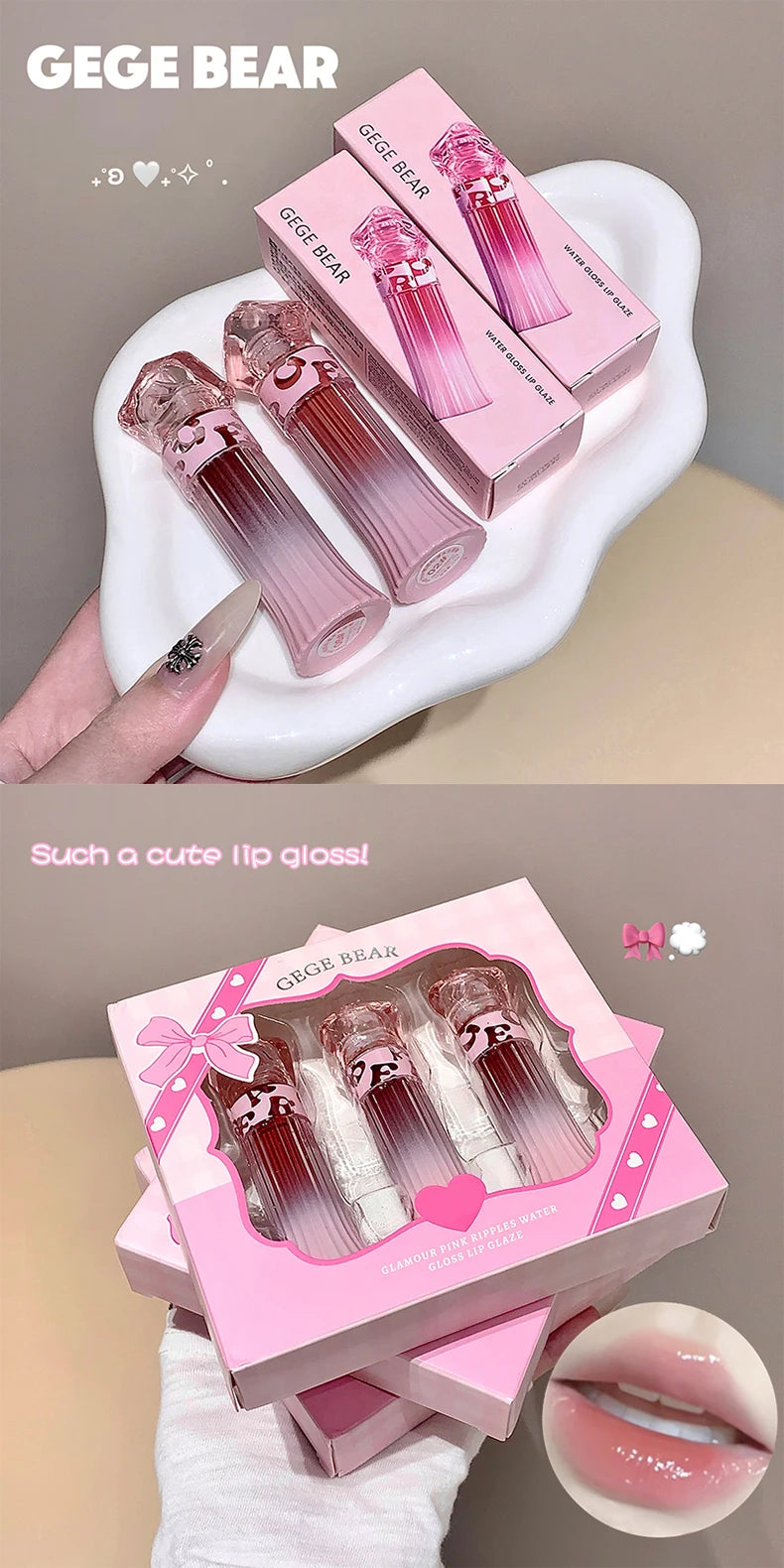 Gege Bear Water Light Lip Llaze Set Mirror Lipstick Lip Gloss, Hydrating Moisturizing, Long Lasting, Gift for Lover
