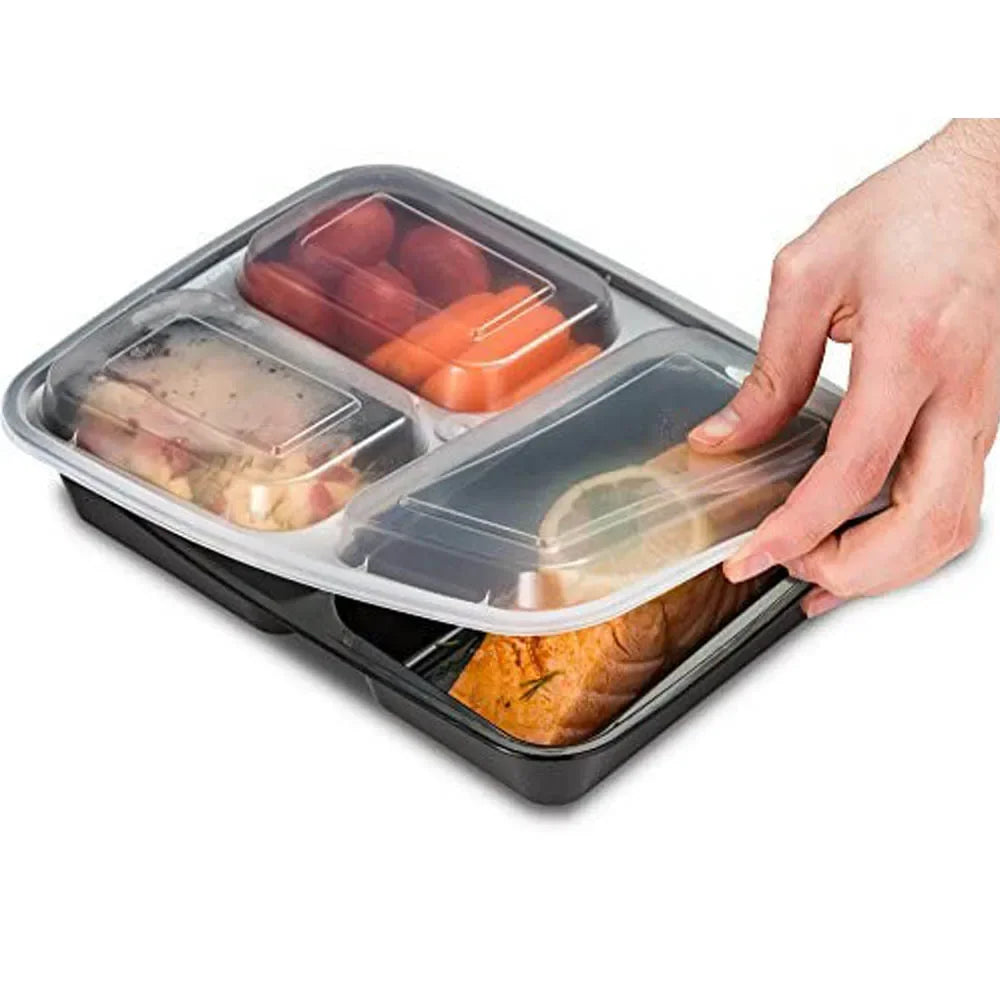32oz Three Grid Lunch Box 20Pcs Disposable Lunch Box Microwave Heating Tableware Stackable Plastic Food Storage Container