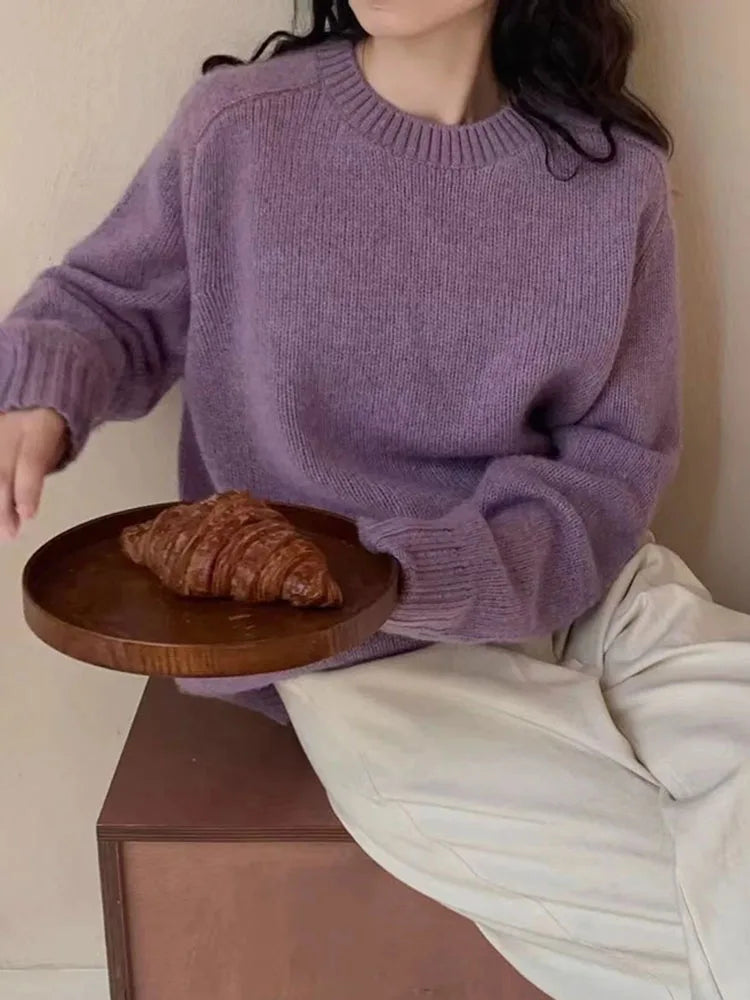 Purple O-Neck Long Sleeved Knitted Sweater Tops Casual Fashion New Knitwear Pullover Fall Winter Loose Soft Korean Jumpers