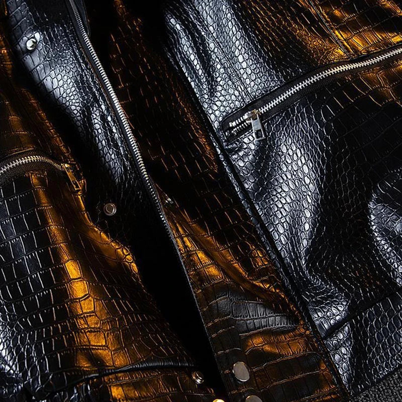 Gmiixder Functional Imitation Crocodile Leather Jacket Men's Spring Autumn American Retro High Street Motorcycle Leather Coat