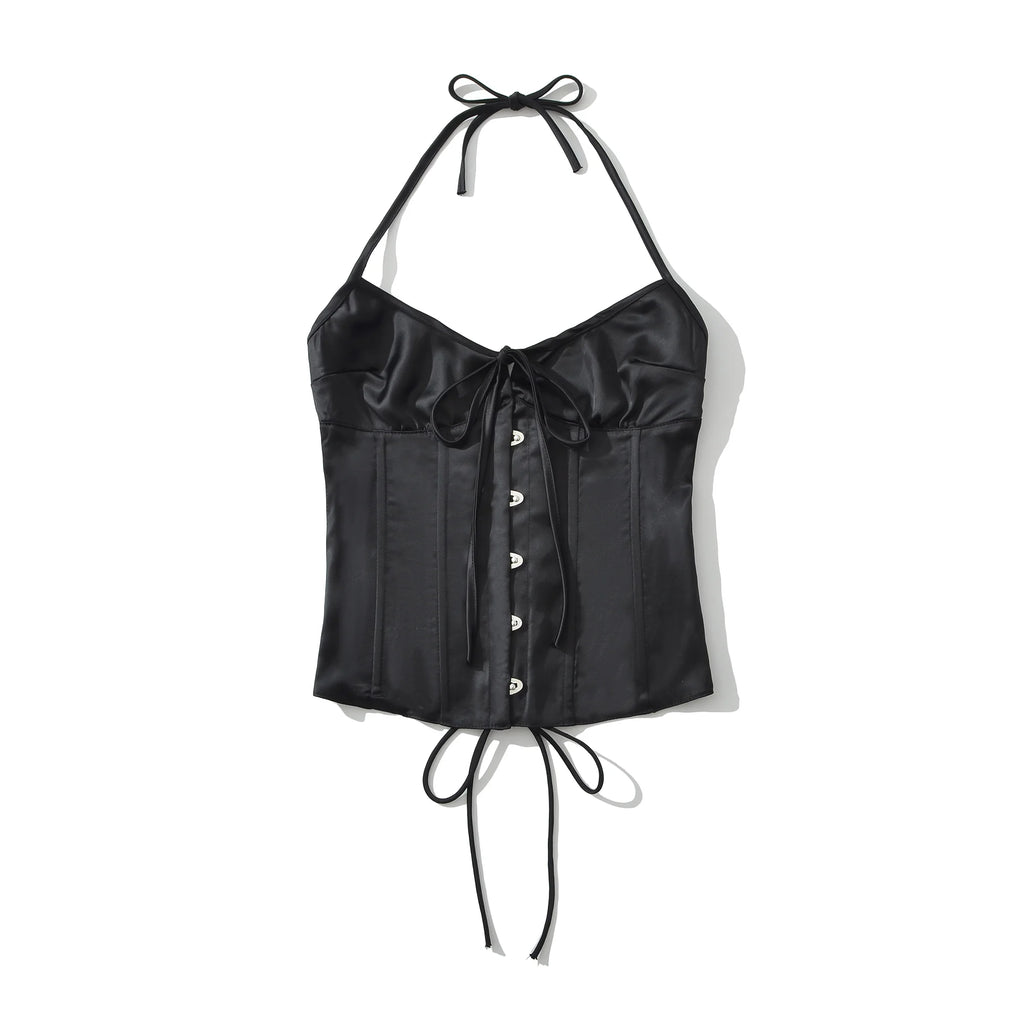 Summer Red Satin Ruched Bra Hook Buttons Sexy Corset Women Cross Lacing Up Bandage Back Tank Tops Bodycon Strapless Crop Top