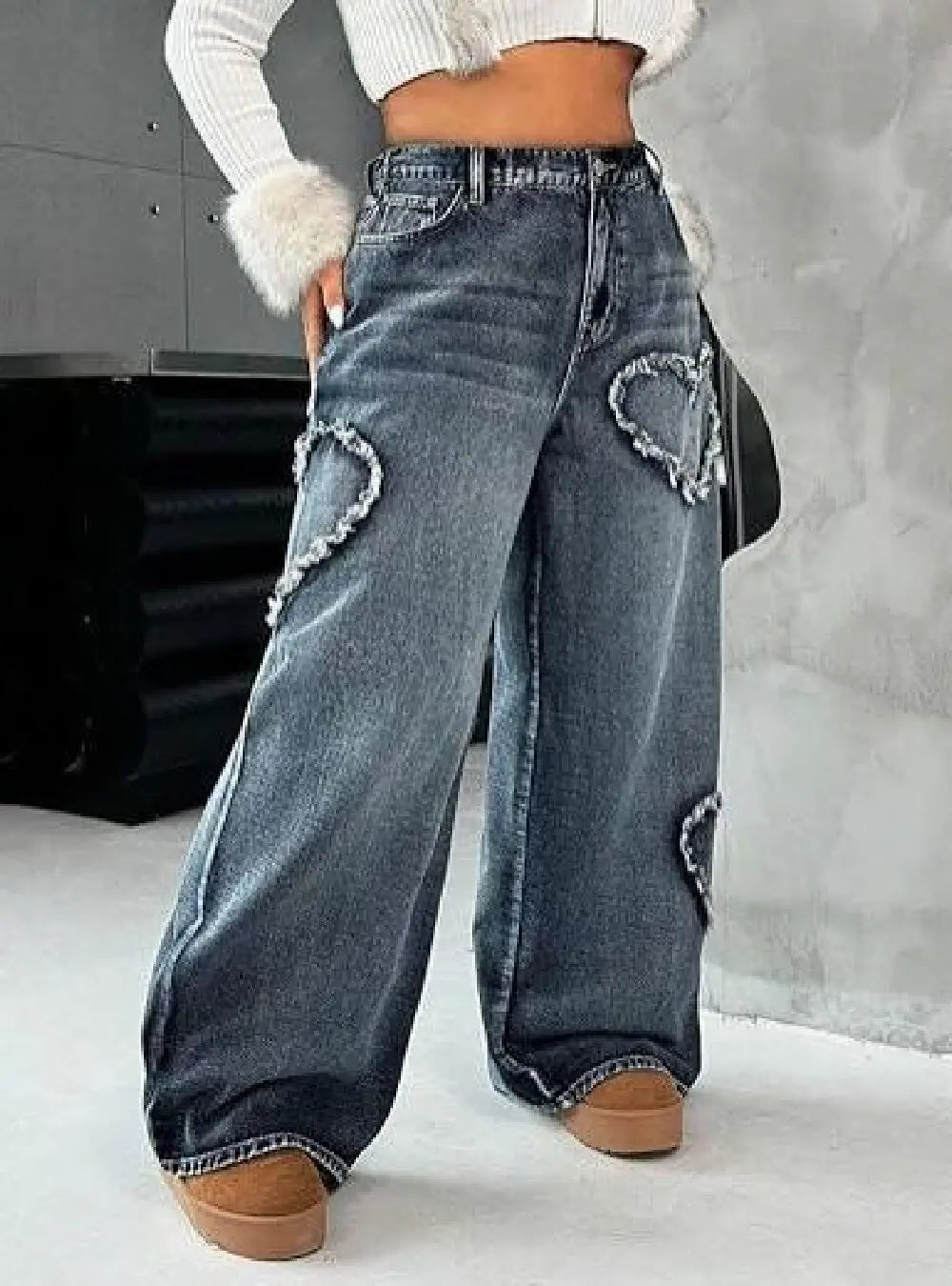 Women Retro Heart Raw Edge Spliced Jeans Heavy Washed Loose Straight Wide Leg Denim Pants Spring Autumn Casual Trousers