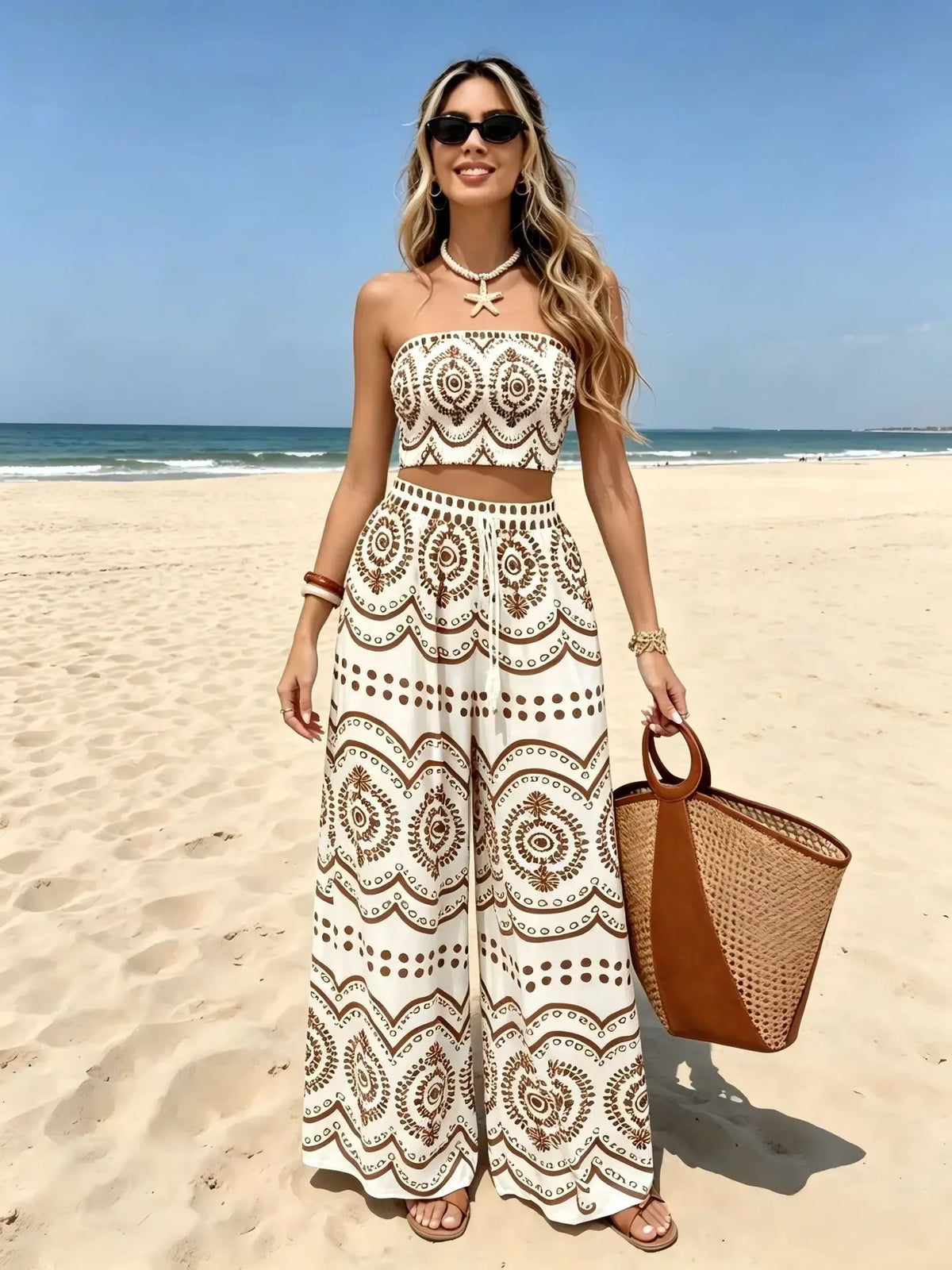 New Bohemian Vacation Plant Print Bandeau Wide Leg Pants, Fashion Two Piece Outfit