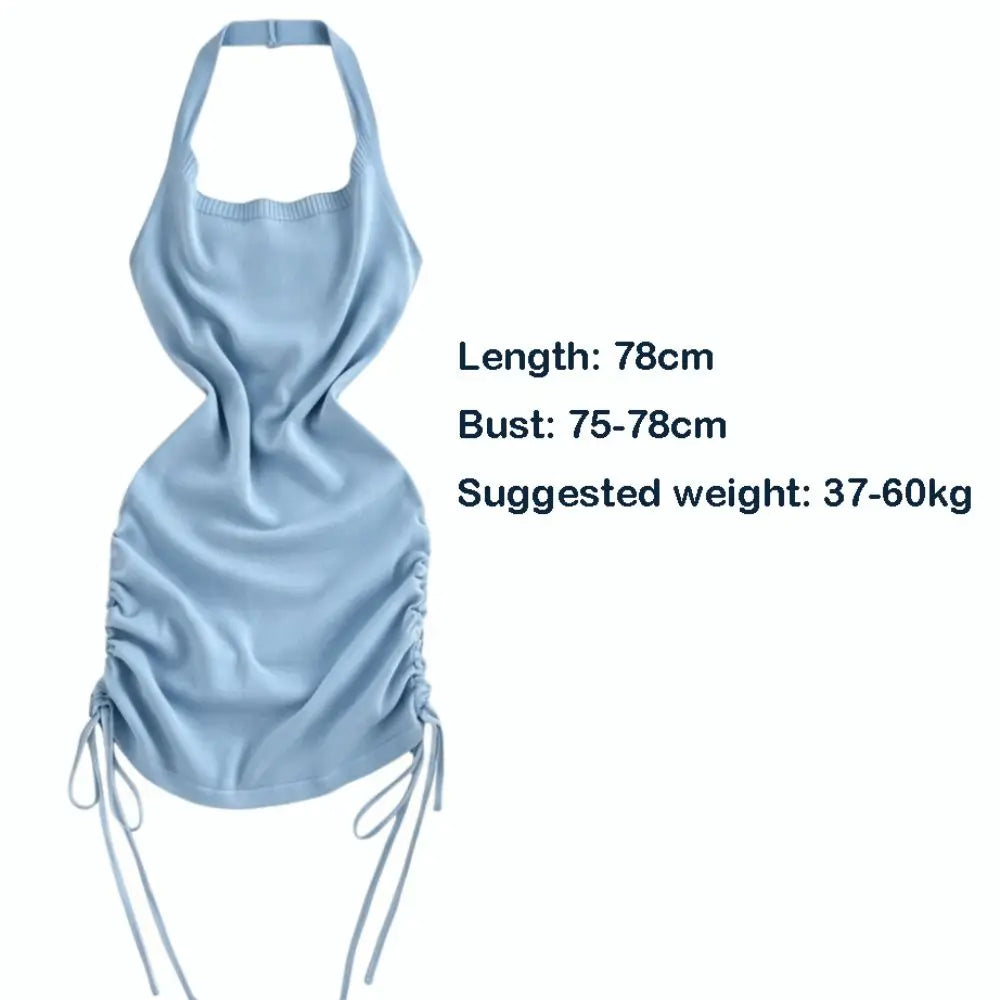 Solid Color Halter Neck Dress Ruched Side Drawstring Mini Dress Stretchy Knit Sleeveless Design Bodycon Dress Women Summer Wear