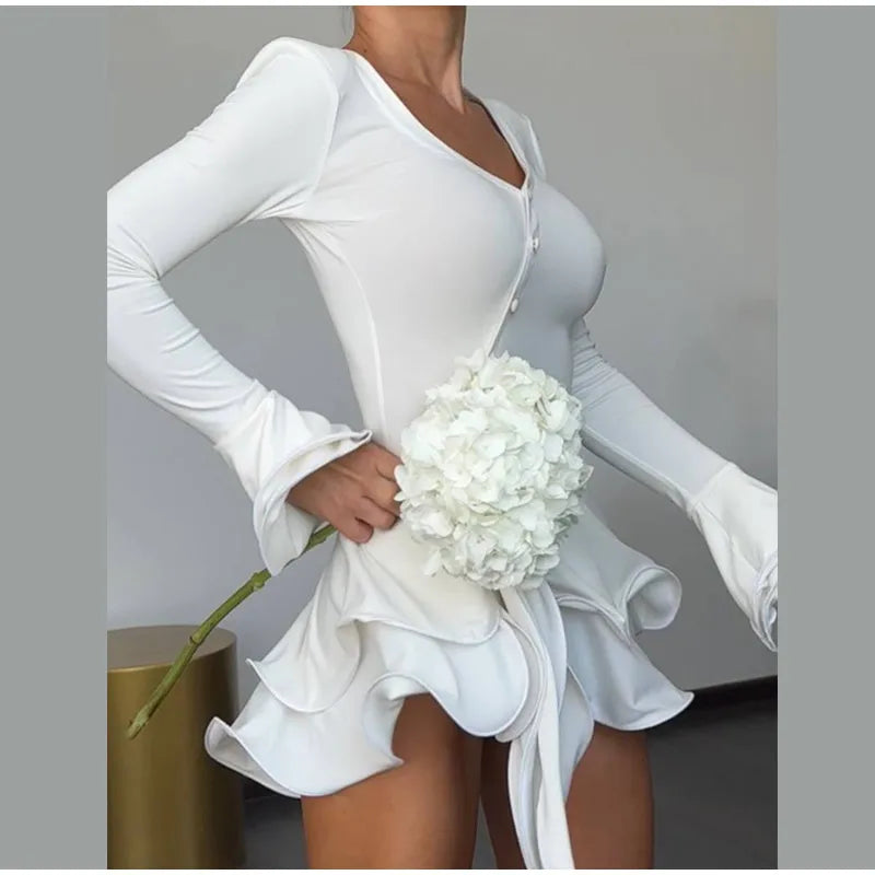 Chic Ruffle Hem Women's Dress V-Neck Long Sleeve Waist-Closed Buttons Solid Lady Mini Dresses 2026 Summer Fashion Female Robe