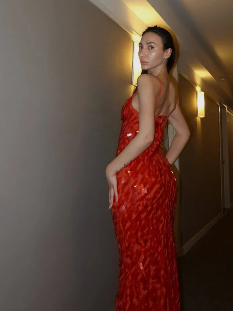 Women Sequin Sling Maxi Dress V-neck Solid Backless High Waist Sleeveless Dresses 2025 Fashion New Summer Lady Party Robes