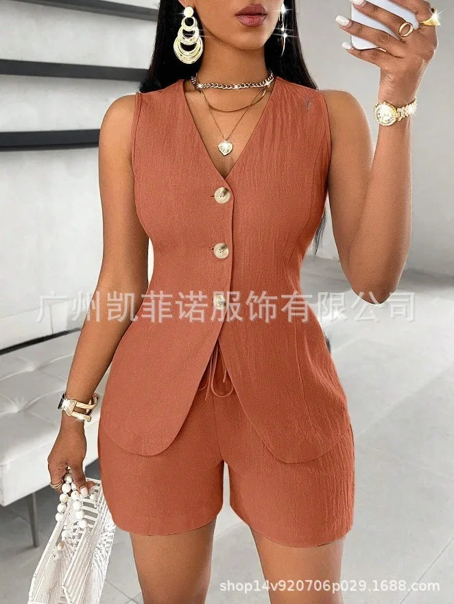Women Fashion Casual Shorts Set Summer Vest Top Button Solid 2 Pieces Set Lace-up Pant Suits Womens Clothing Office Holiday 2025