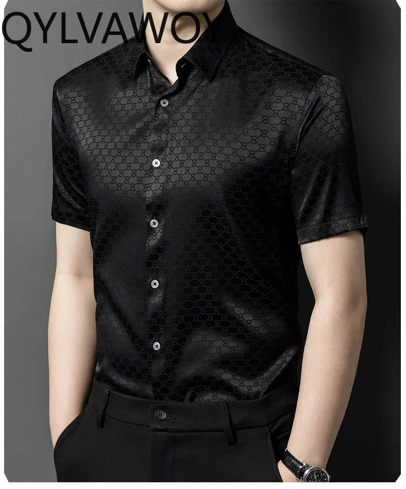 QYLVAWOY New Men's Shirts Summer Tops 92% Real Mulberry Silk Shirts Lapel Short Sleeve Stylish Clothes for Man Business Casual