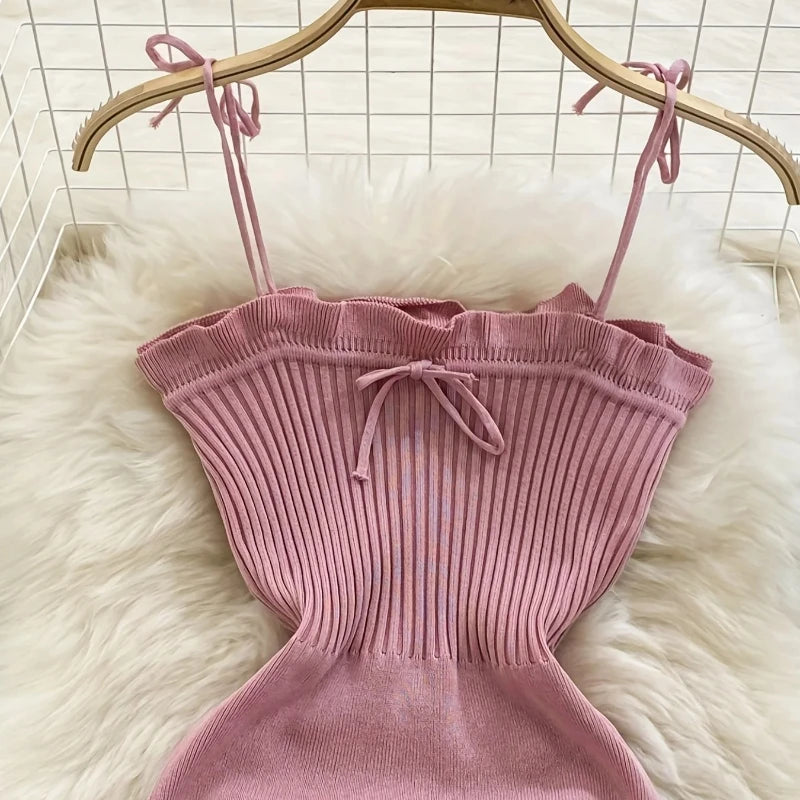 Women's Pink Sleeveless Short Sundress Ruffle Trim Square Neck Stretchy Ribbed Knit Bodycon Mini Dress Party Clubwear Dress