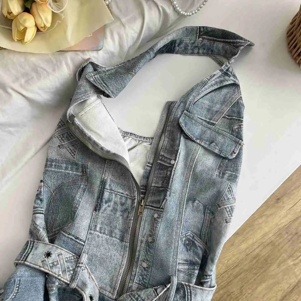American Denim Waist-cinching Halter Neck Backless Sexy Casual Dress for Women, Distressed Retro Spliced Short Skirt