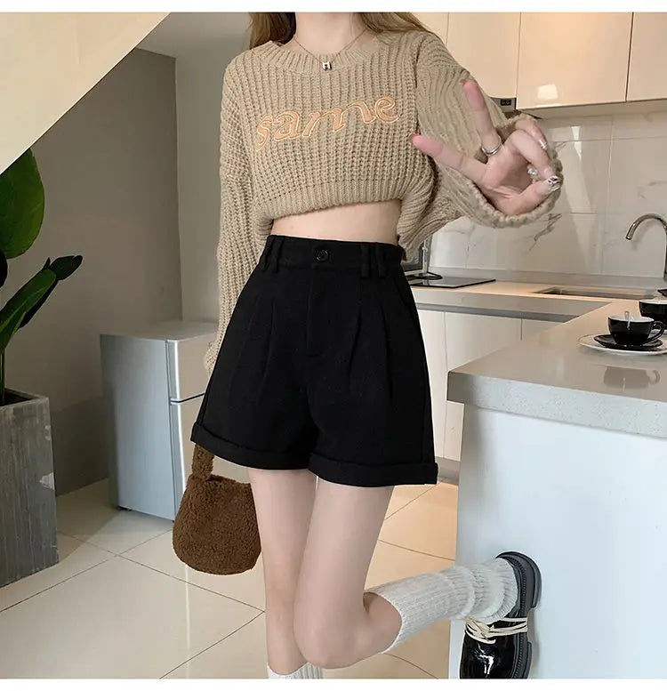 Women Office Lady Summer 2025 Solid Brown Thick High Waist Shorts Korean Style Wide Leg Boot Pants