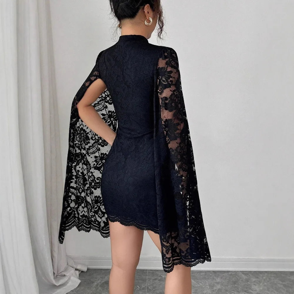 Women Sexy Long Sleeve Lace Dress 2026 Fall Winter, Mandarin Collar Side Slit Slim Midi Dress For Cocktail Dating Night Out