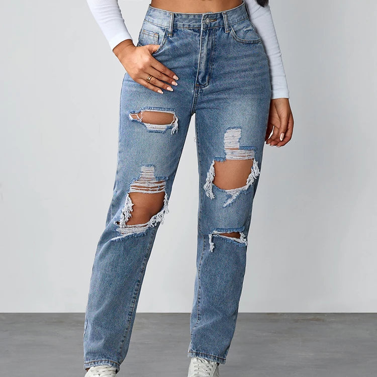 Women's Distressed Straight Leg Jeans Ripped Hole Denim Pants Casual Loose High Waist Street Style Trousers