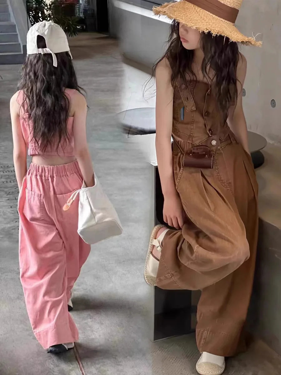 Summer Baby Girls Clothes Set Fashion Sling Vest Tops + Wide Leg Pants 2pcs Kids Clothing Suit Children Outfits Infant Costumes